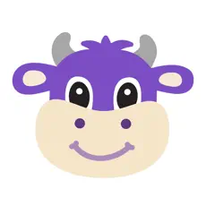 Cartoon-Illustration eines lilafarbenen Kuhgesichts mit hellgrauen Hörnern, großen schwarzen und weißen Augen, cremefarbener Schnauze und lächelndem Mund. Das Design ist perfekt für Kinder-Apps und bietet einen fröhlichen Look vor einem klaren weißen Hintergrund.