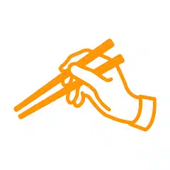 Oranger Umriss einer Hand mit Stäbchen, die bereit ist, Essen aufzunehmen, auf weißem Hintergrund - perfekt für Essenslieferungen oder Essens-Apps.