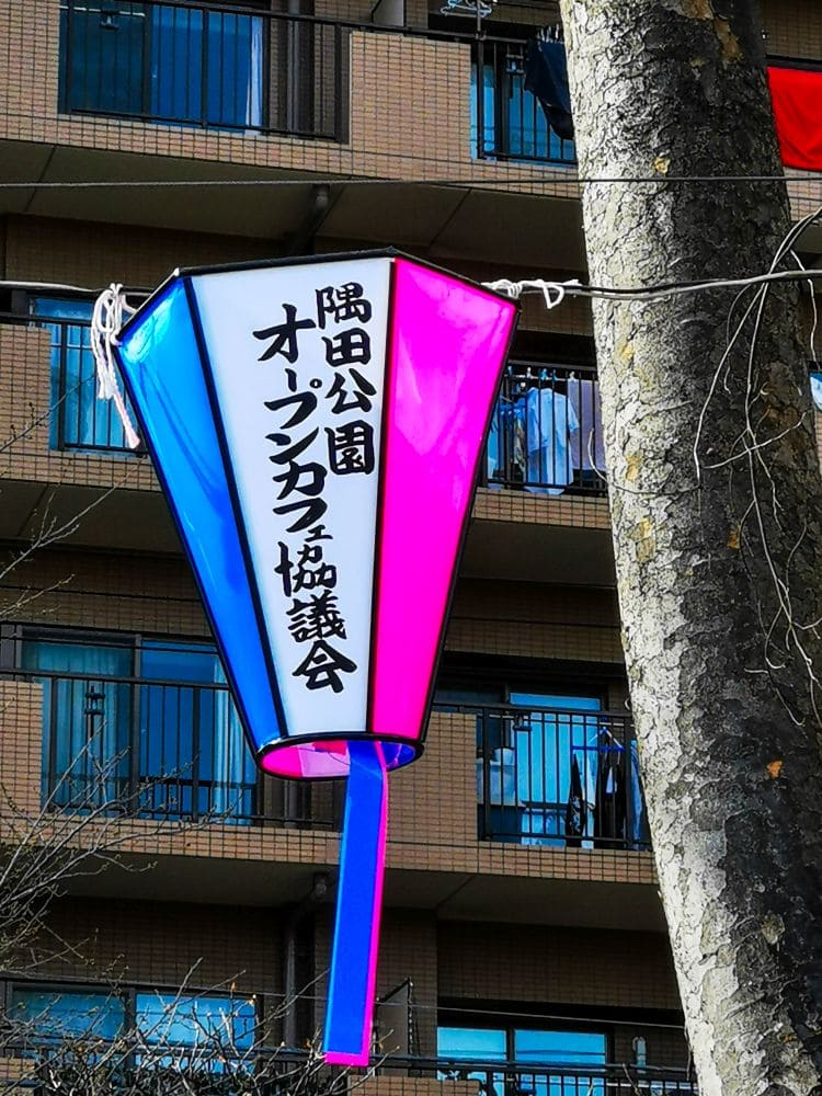 Eine farbenfrohe Laterne mit japanischem Text hängt leuchtend vor einem Wohnhaus. Ihre rosa, blauen und weißen Farbtöne erinnern an Kirschblüten. Eingebettet zwischen Ästen bildet sie einen eleganten Kontrast zu den Balkonen und Geländern.