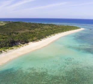 Luftaufnahme von Okinawa, einem tropischen Inselparadies mit üppig grünen Bäumen, einem langen, weißen Sandstrand und klarem, türkisfarbenem Meerwasser unter blauem Himmel - perfekt zum Reisen.