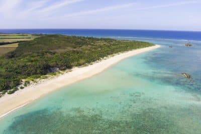 Luftaufnahme von Okinawa, einem tropischen Inselparadies mit üppig grünen Bäumen, einem langen, weißen Sandstrand und klarem, türkisfarbenem Meerwasser unter blauem Himmel - perfekt zum Reisen.