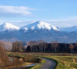 Eine kurvenreiche Straße in Hokkaido führt durch grasbewachsene Felder zu schneebedeckten Bergen unter blauem Himmel, mit kahlen Bäumen und ein paar Gebäuden in der Ferne. Zu erreichen mit dem JR East-South Hokkaido Rail Pass.