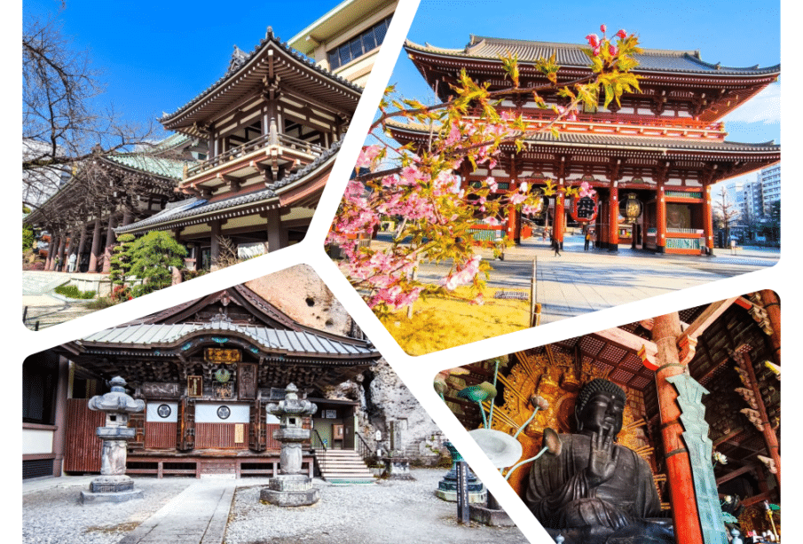 Eine Collage aus vier japanischen Tempelszenen mit traditionellen Holzgebäuden, Kirschblüten, Steinlaternen und einer großen Buddha-Statue in einem Innenraum, alles bei hellem Tageslicht.