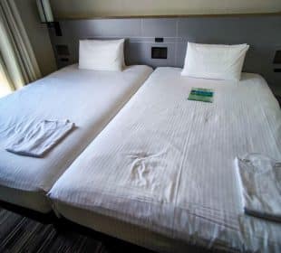 Zwei Einzelbetten mit weißer Bettwäsche und Kissen sind in diesem Tobu-Hotelzimmer nebeneinander aufgestellt. Auf jedem Bett des AirBNB liegt ein gefalteter weißer Bademantel, und auf dem rechten Bett liegt eine kleine Broschüre. Durch ein Fenster auf der linken Seite fällt sanftes Licht ein.