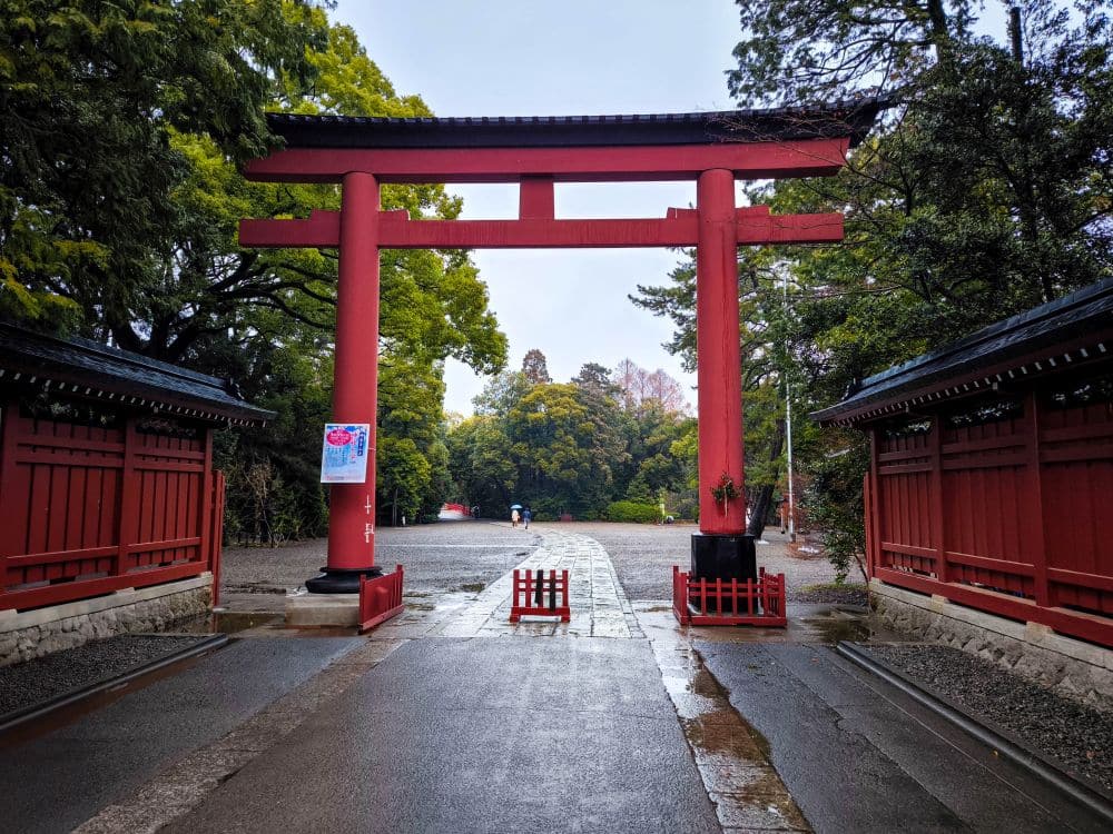 Ein großes rotes Torii-Tor steht am Eingang des Hikawa-Schreins, flankiert von roten Holzzäunen und umgeben von üppig grünen Bäumen an einem nassen, bewölkten Tag.