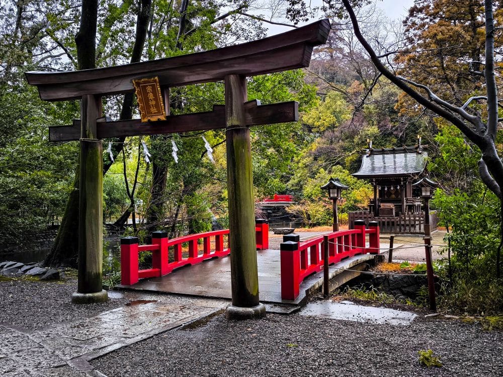 Ein traditionelles japanisches Torii-Tor steht vor einer kleinen roten Brücke, die zu einem hölzernen Hikawa-Schrein führt, der an einem regnerischen Tag von üppig grünen Bäumen umgeben ist.
