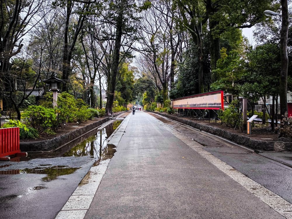 Ein gepflasterter Weg führt durch den Hikawa-Park, gesäumt von Bäumen und Grünpflanzen. Pfützen spiegeln die Umgebung wider, und in der Ferne sind ein paar Menschen zu sehen, die spazieren gehen. Der Himmel ist bedeckt und schafft eine ruhige und stille Atmosphäre.