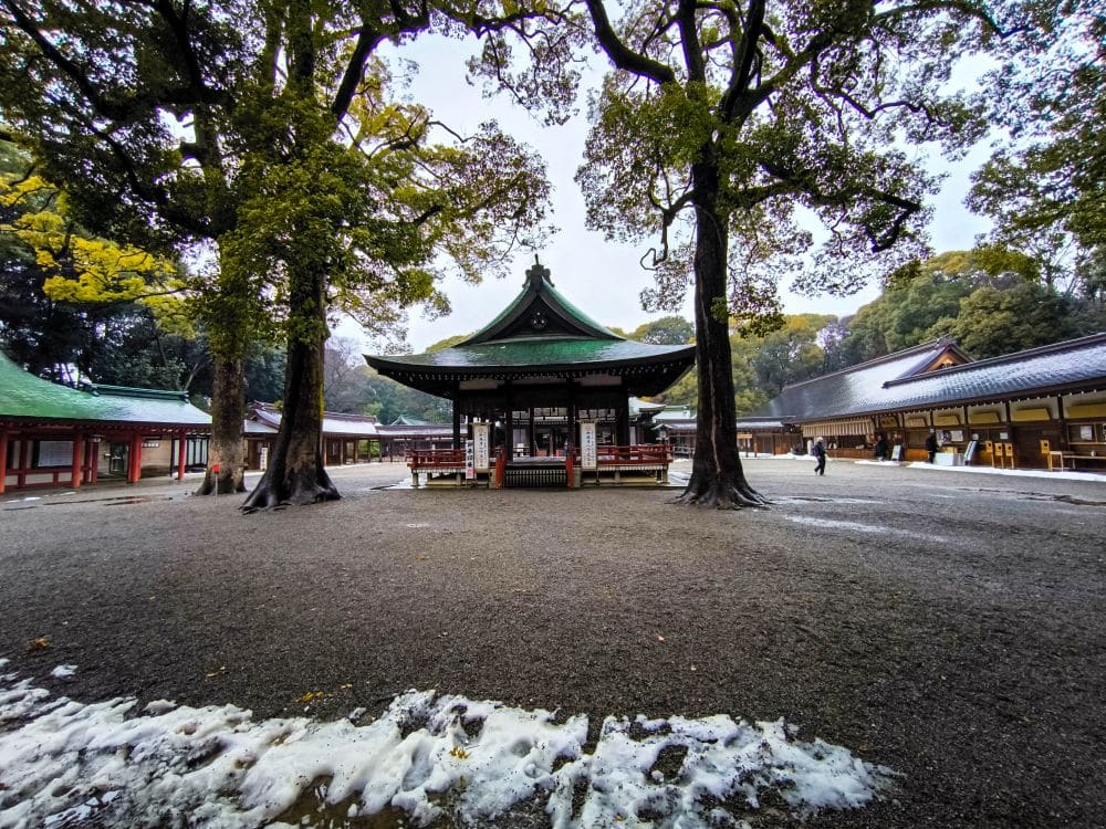 Ein traditioneller Hikawa-Schrein steht zwischen hohen Bäumen, umgeben von Holzgebäuden und einem Hof aus Kies. Auf dem Boden sind Flecken von schmelzendem Schnee zu sehen, und im Hintergrund geht eine Person spazieren.
