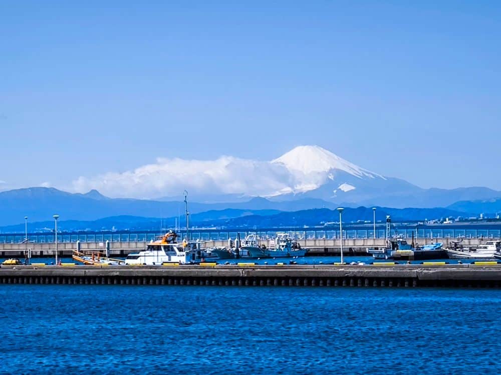 Ein malerischer Blick auf den Hafen von Enoshima mit angedockten Booten und tiefblauem Wasser, vor dem Hintergrund des schneebedeckten Gipfels des Mount Fuji, der sich unter einem klaren, strahlend blauen Himmel erhebt.