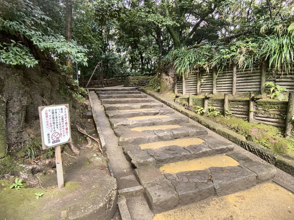 Steintreppen führen durch ein üppiges, grünes Waldgebiet in Kagoshima nach oben. Ein Holzzaun säumt den Weg, und ein Schild mit japanischem Text ist in der Nähe angebracht - diese friedliche Szene führt zur Aussichtsplattform des Shiroyama-Parks mit Blick auf Sakurajima.