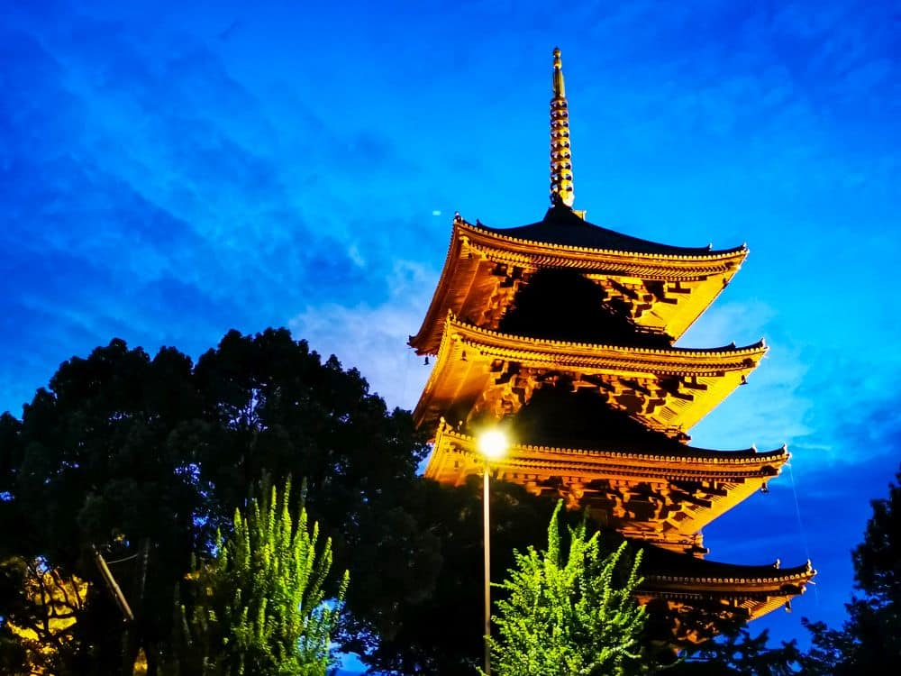 Eine hell erleuchtete traditionelle japanische Pagode steht vor einem tiefblauen Abendhimmel, teilweise umrahmt von dunklen Bäumen und Grünpflanzen im Vordergrund, die an die heitere Atmosphäre eines historischen Tempels erinnern.