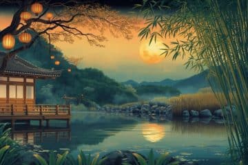 Eine ruhige Seeszene bei Sonnenuntergang mit einem traditionellen Holzhaus, leuchtenden Laternen, die an einem Baum hängen, ruhigem Wasser, Bambus und Bergen im Hintergrund unter einem vollen Mond.