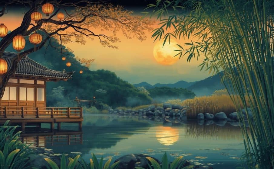 Eine ruhige Seeszene bei Sonnenuntergang mit einem traditionellen Holzhaus, leuchtenden Laternen, die an einem Baum hängen, ruhigem Wasser, Bambus und Bergen im Hintergrund unter einem vollen Mond.