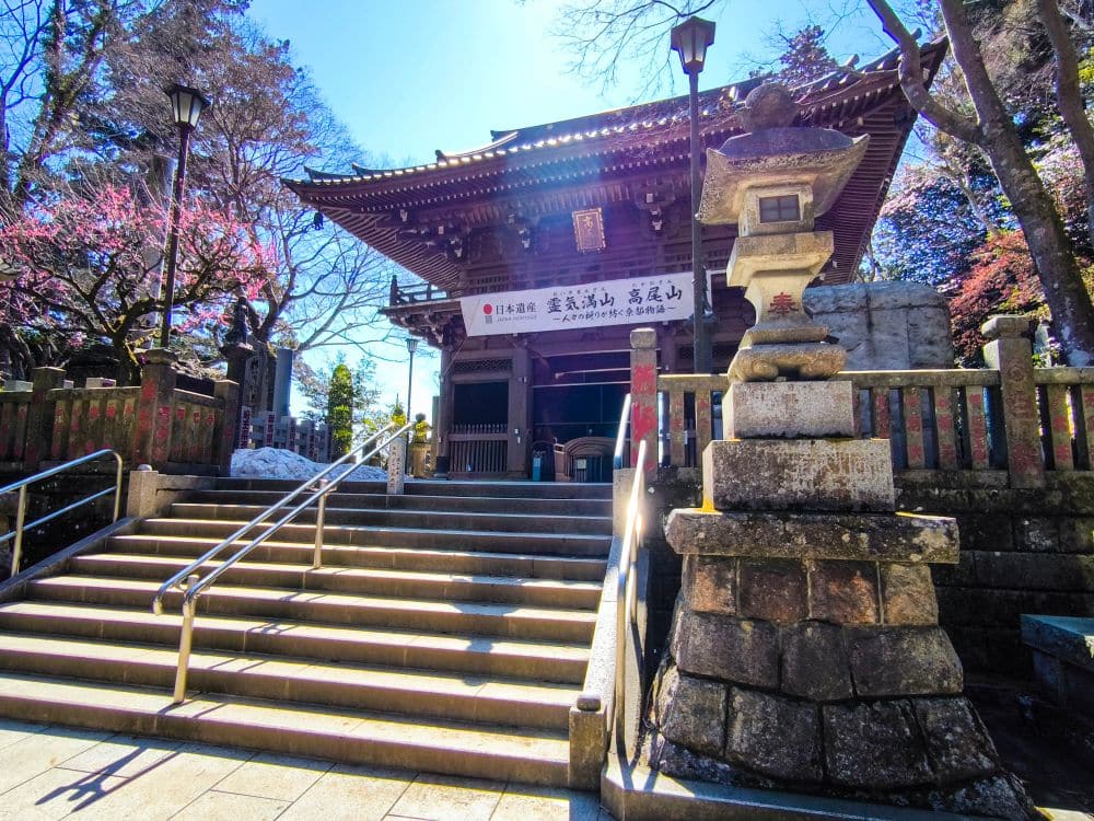 Eine steinerne Laterne und eine Treppe führen hinauf zu einem traditionellen japanischen Tempel mit Holzfassade und verziertem Dach auf dem Berg Takao, der von Bäumen mit rosa Blüten umgeben ist, unter einem strahlend blauen Himmel.