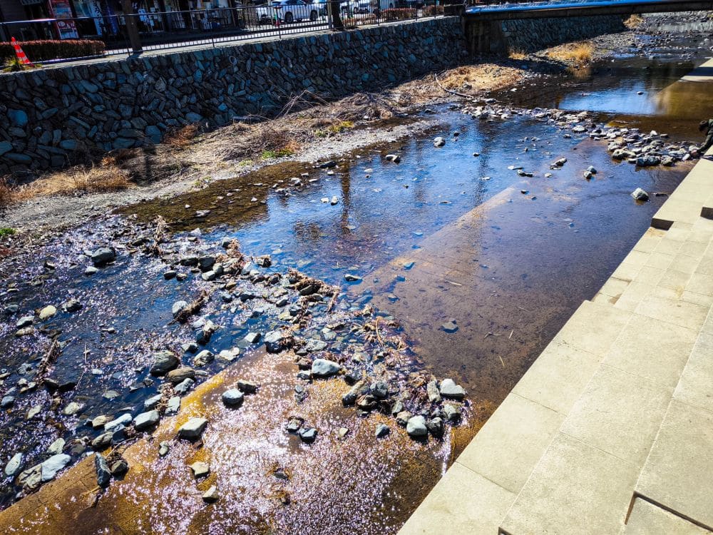 Ein flacher Fluss mit verstreuten Steinen fließt neben einem Steindamm in Takao. Stufen führen hinunter zum Wasser, und trockenes Gras säumt Teile des Ufers. Das Sonnenlicht spiegelt sich auf der Wasseroberfläche.