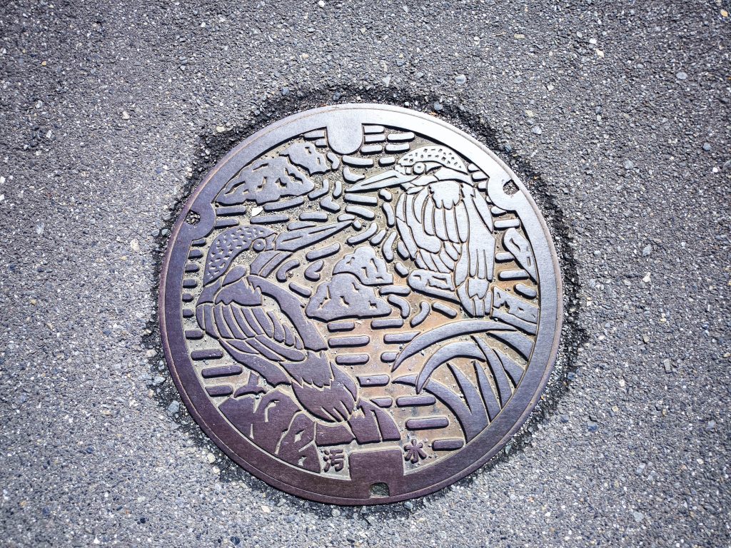 Ein runder, dekorativer Hino-Gullydeckel mit einem kunstvollen Motiv von zwei Vögeln inmitten von Schilf und Wasser, mit Wolken im Hintergrund, eingefasst in graues Pflaster.