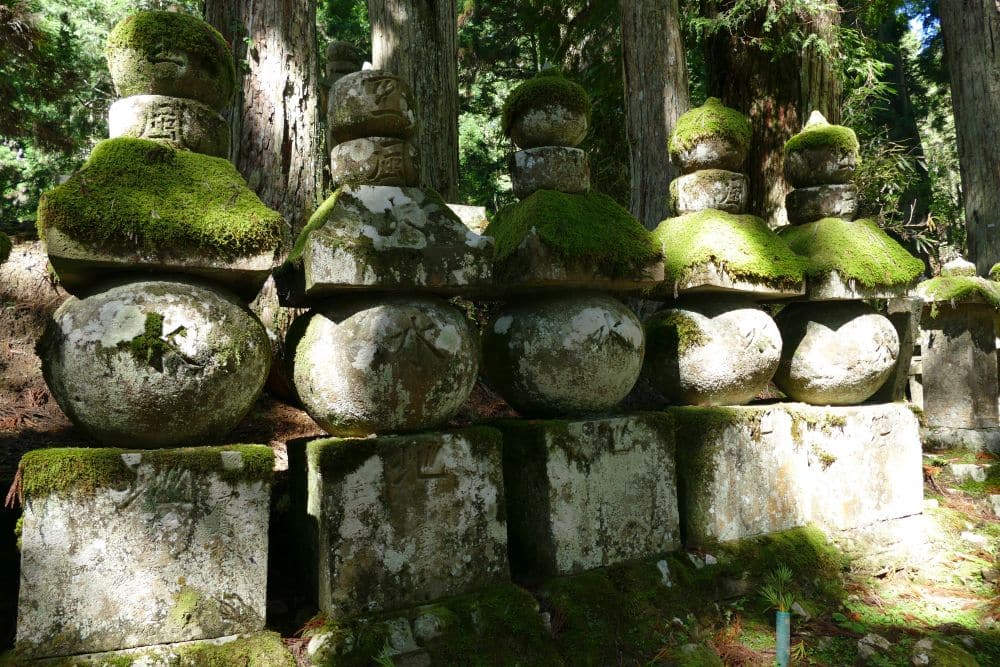 Fünf uralte, mit Moos bewachsene Steinmonumente stehen in einer Reihe zwischen hohen Bäumen in einem Wald, in dem das Mondlicht durch das Laub fällt und sanfte Schatten auf den Boden wirft.