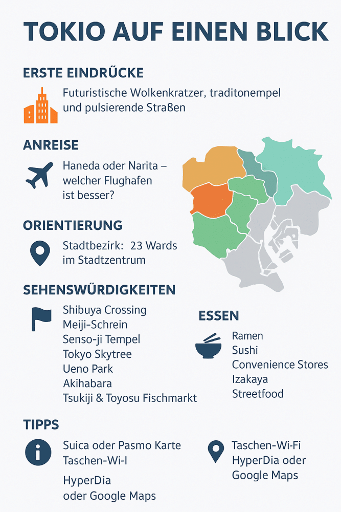 Infografik mit dem Titel "Tokio auf einen Blick" fasst Highlights, Eindrücke, Anreise, Orientierung, Sehenswürdigkeiten, Essen und Tipps für Anfänger in Tokio zusammen. Daneben eine stilisierte Karte Japans in Orange und Türkis.