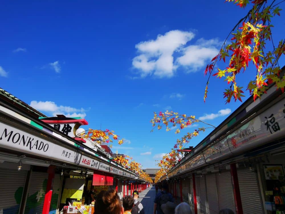 Eine lebhafte Marktstraße mit geschlossenen Geschäften, bunten Herbstblättern und einem strahlend blauen, wolkenverhangenen Himmel. Die Menschen folgen ihrem Reiseleiter den Weg entlang und genießen gemeinsam die lebhafte Atmosphäre.
