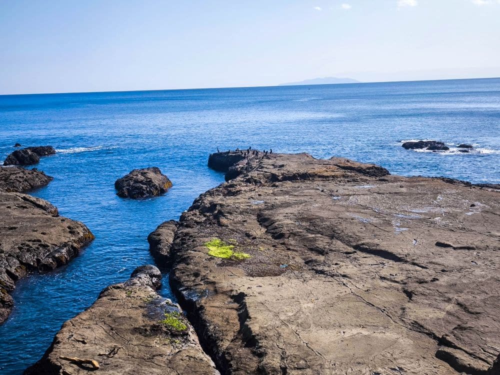 Felsige Iwaya-Küste mit großen flachen Felsen, die sich in einen ruhigen blauen Ozean unter einem klaren Himmel erstrecken. Die Felsen sind mit grünem Moos bewachsen, und in der Ferne sind in der Nähe des Wassers ein paar Vögel oder Menschen zu sehen.