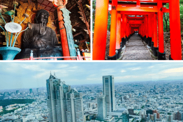 Collage aus drei Bildern: eine Buddha-Statue in einem Tempel, ein mit roten Torii-Toren gesäumter Weg, der eine malerische Route durch den Wald bildet, und eine Stadtansicht mit modernen Wolkenkratzern und Gebäuden.