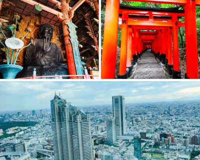 Collage aus drei Bildern: eine Buddha-Statue in einem Tempel, ein mit roten Torii-Toren gesäumter Weg, der eine malerische Route durch den Wald bildet, und eine Stadtansicht mit modernen Wolkenkratzern und Gebäuden.