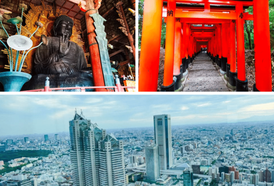 Collage aus drei Bildern: eine Buddha-Statue in einem Tempel, ein mit roten Torii-Toren gesäumter Weg, der eine malerische Route durch den Wald bildet, und eine Stadtansicht mit modernen Wolkenkratzern und Gebäuden.