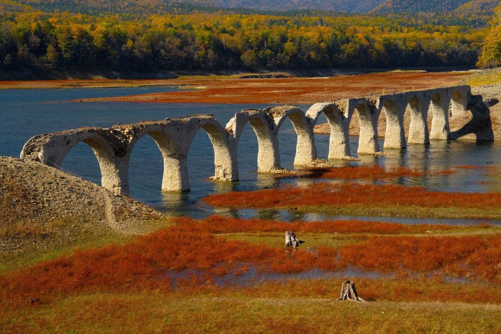 Eine Steinbogenbrücke mit mehreren Bögen erstreckt sich über seichtes Wasser, umgeben von leuchtend rotem und orangefarbenem Herbstlaub und Herbstgras, mit Bäumen und fernen Hügeln im Hintergrund.