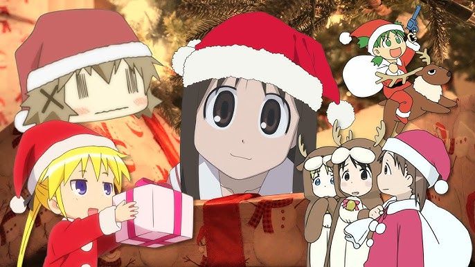 Anime-Figuren in festlichen Kostümen, darunter Weihnachtsmannmützen und Rentierkostüme, versammeln sich vor einem geschmückten Weihnachtsbaum. Einer überreicht dem anderen ein Geschenk, während Glühwein geteilt wird. So entsteht eine fröhliche Weihnachtsszene direkt aus den klassischen Weihnachtsepisoden.