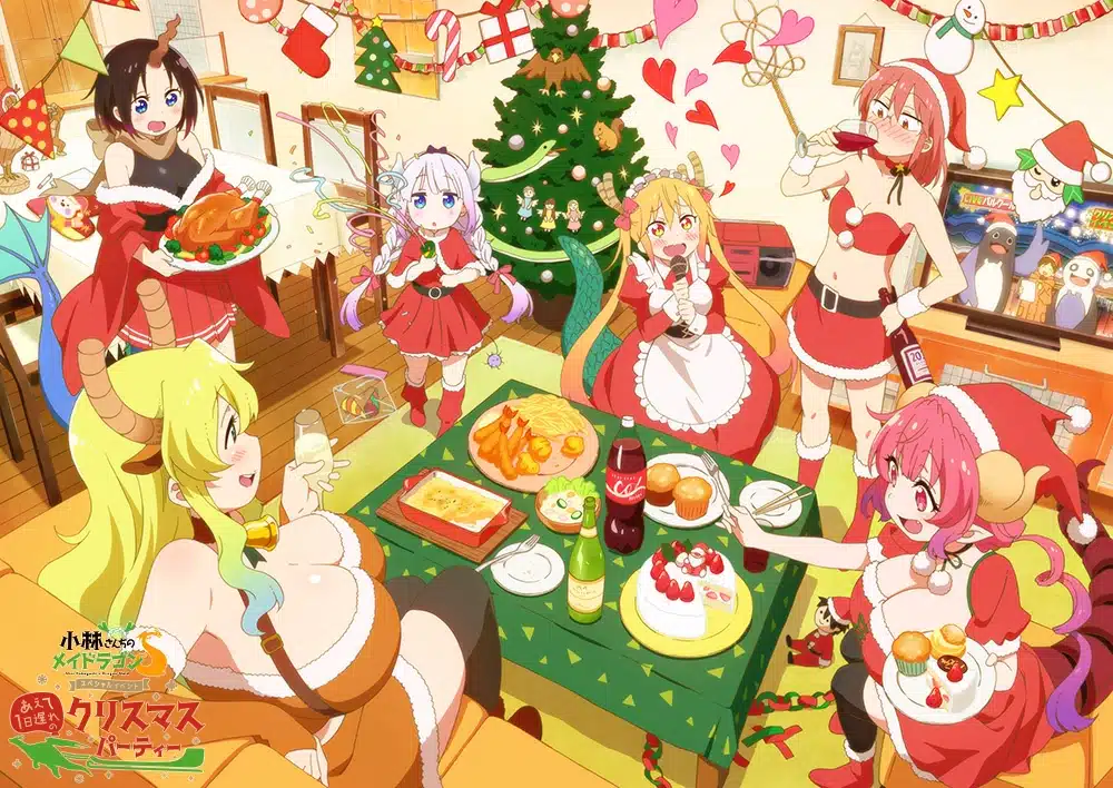 Sechs Anime-Figuren in festlicher Kleidung versammeln sich um einen Tisch mit Weihnachtsessen und KFC, mit einem geschmückten Baum und Geschenken im Hintergrund. Die Atmosphäre ist fröhlich und lebendig, inspiriert von klassischen Weihnachtsepisoden.