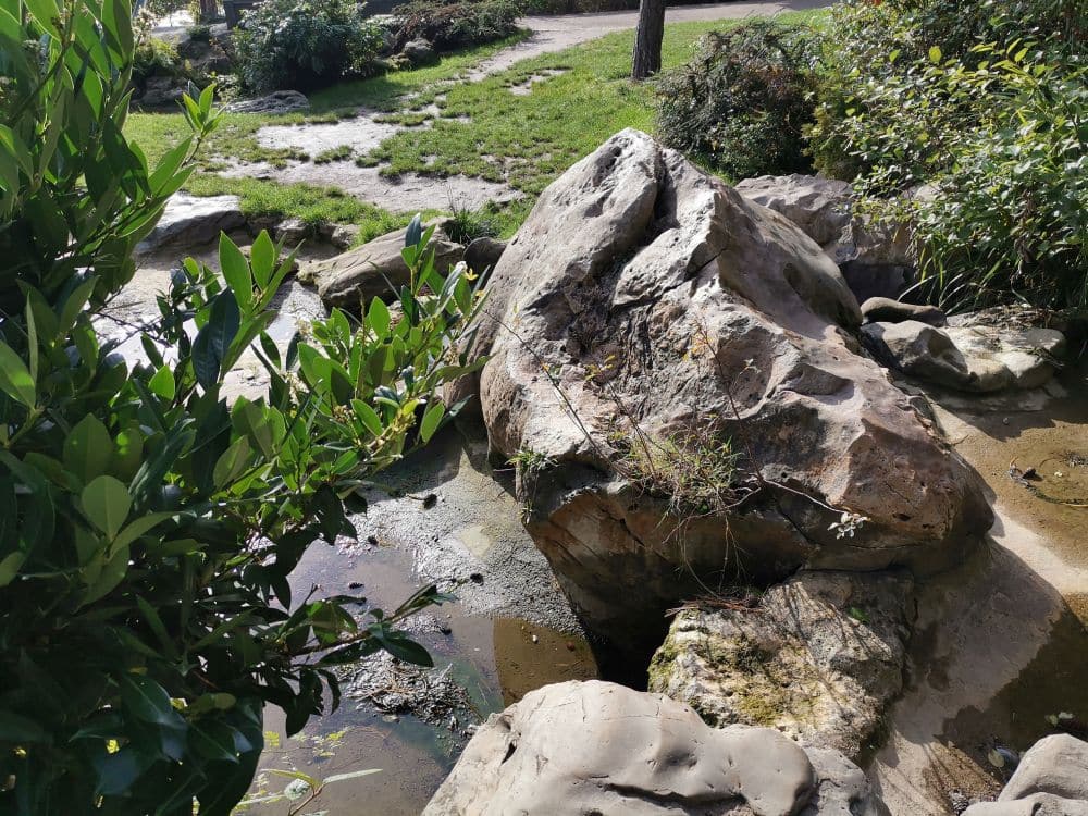 Große Felsen, umgeben von grünen Büschen und Gräsern, an denen ein kleiner Bach entlangfließt, rufen eine japanische Atmosphäre hervor. Das Sonnenlicht wirft sanfte Schatten und schafft eine friedliche Szene im Freien, die an den Japanischen Garten im Nordpark Düsseldorf erinnert.