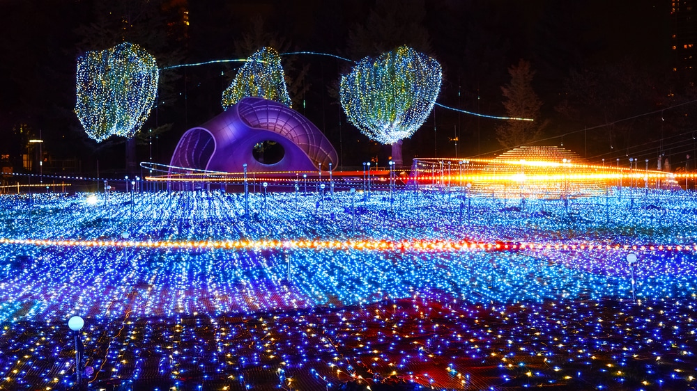 Ein Feld, das nachts mit leuchtend blauen und weißen Lichterketten bedeckt ist, mit leuchtenden Bäumen und einer großen, lila Spielplatzrutsche im Hintergrund, schafft eine festliche Beleuchtung und ein farbenfrohes Lichtspiel.