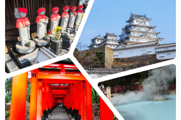 Eine Collage aus vier japanischen Szenen: Steinstatuen mit roten Lätzchen, ein weißes Schloss, drei rote Torii-Tore, die einen markanten Weg bilden, und eine heiße Quelle mit Dampf, der über blauem Wasser aufsteigt.