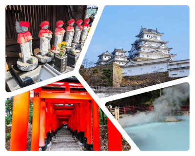 Eine Collage aus vier japanischen Szenen: Steinstatuen mit roten Lätzchen, ein weißes Schloss, drei rote Torii-Tore, die einen markanten Weg bilden, und eine heiße Quelle mit Dampf, der über blauem Wasser aufsteigt.
