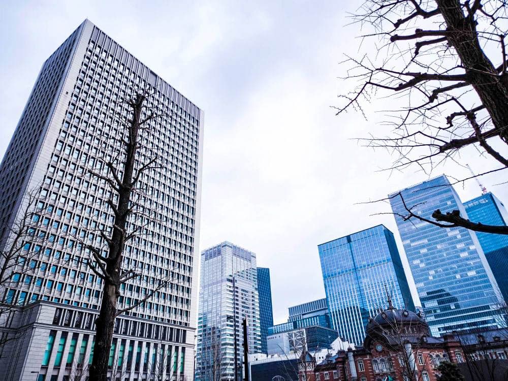 Hohe moderne Wolkenkratzer ragen in Marunouchi in den wolkenverhangenen Himmel, mit blattlosen Bäumen im Vordergrund und einem älteren Gebäude mit Kuppeldach inmitten der Glas- und Stahlkonstruktionen.