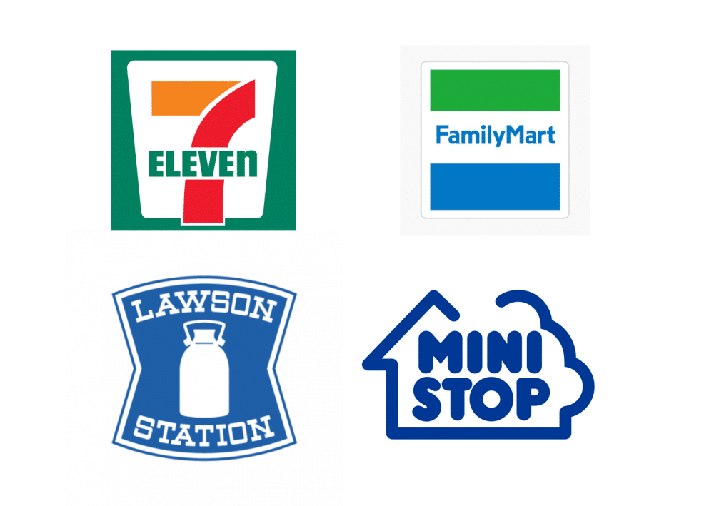 Vier Convenience-Store-Logos: 7-Eleven (grün, orange, rot), FamilyMart (grün, blau, weiß), Lawson Station (blau, weiß, Milchkanne) und Mini Stop (blauer Hausumriss) - alle akzeptieren IC-Card-Zahlungen für schnellen Komfort.