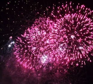 Leuchtend rosafarbene Feuerwerkskörper japanischer Art explodieren vor dem dunklen Nachthimmel, in der Mitte funkelnde weiße Lichterbüschel - ein inspirierendes Feuerwerk zur Feier von Neuanfang und Akemashite Omedetou.