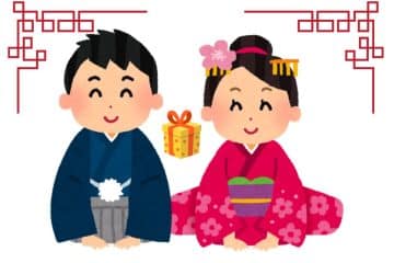 Illustration eines lächelnden Mannes in einem blauen Kimono und einer Frau in einem rosafarbenen, blumengemusterten Kimono, die traditionell mit einem in O-seibo eingepackten Geschenk sitzen, eingerahmt von roten Zierleisten.