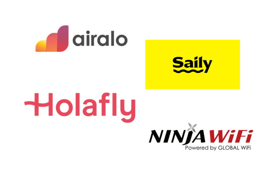 Vier Logos: Airalo mit einem eSIM-Symbol mit Farbverlauf, Saily auf Gelb mit Wellenlinien, Holafly in korallenroter Schrift und NINJA WiFi in Schwarz und Rot mit einem kleinen Ninja-Stern, dazu der Text Powered by GLOBAL WiFi.