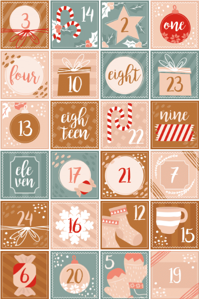 Ein festlicher Adventskalender mit 25 dekorierten Quadraten, jedes nummeriert von 1-25, mit weihnachtlichen Illustrationen wie Zuckerstangen, Geschenken, Fäustlingen, einer Teetasse, Sternen und Ornamenten in Rot-, Grün- und Beigetönen.
