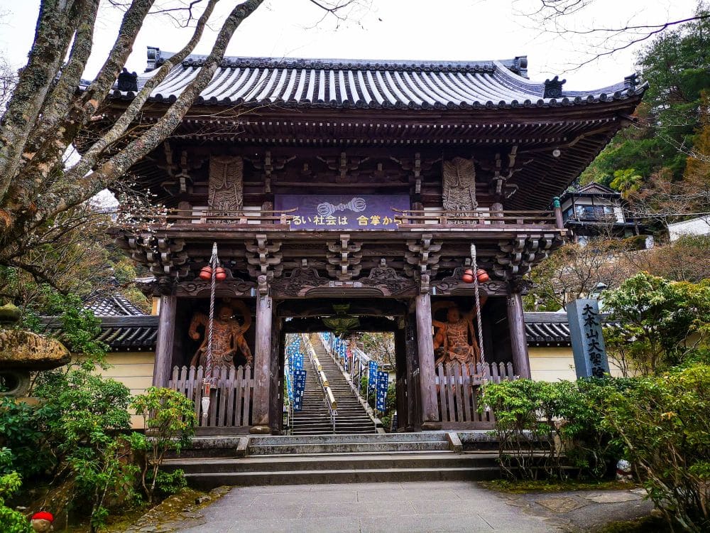 Ein traditionelles japanisches Tempeltor in Daishoin, das mit Holzschnitzereien verziert ist, steht am Eingang zu einer langen Steintreppe, die von Bäumen und Grünflächen umgeben ist. Das Tor ist mit einem Ziegeldach und komplizierten Details versehen.