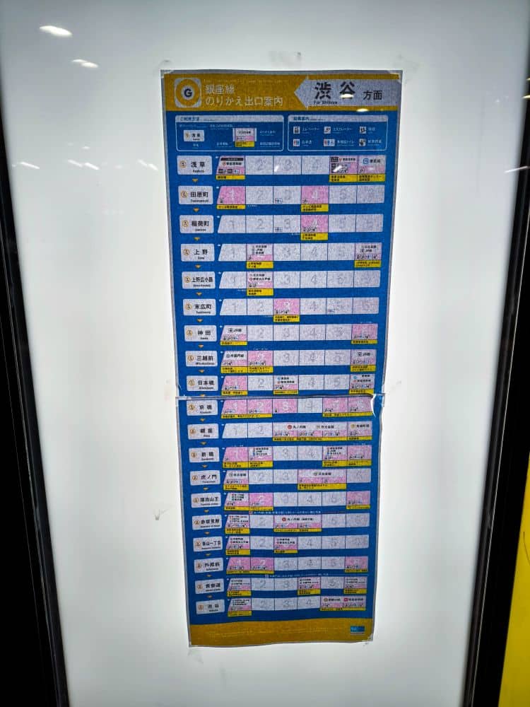 Ein U-Bahn-Fahrplan in japanischer Sprache, der vertikal auf einer blau-weißen Tafel mit mehreren Reihen und Spalten angebracht ist, zeigt Fahrpläne und Abfahrtszeiten, wahrscheinlich für Züge oder Busse, alles unter einem schützenden Glasrahmen.