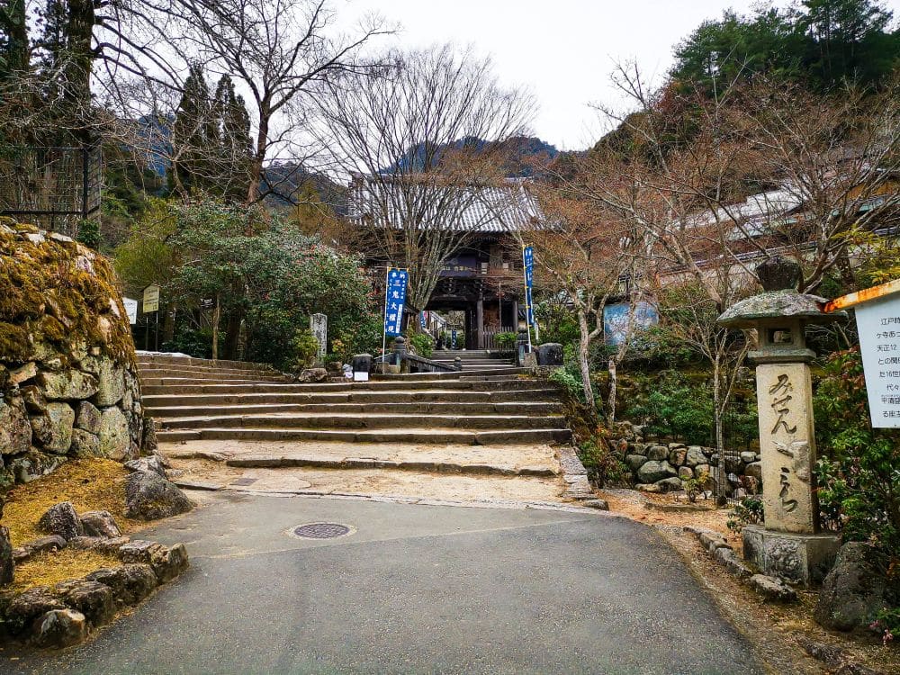 Steinstufen führen hinauf zum Eingang des traditionellen japanischen Tempels Daishoin, der von Bäumen, Steinlaternen und Schildern mit japanischer Schrift umgeben ist. Die friedliche Umgebung wirkt natürlich, und im Hintergrund sind die Berge zu sehen.