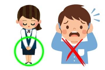 Die Illustration zeigt eine ruhige Frau mit gefalteten Händen und einem grünen Kreis, der für korrektes Verhalten steht, und einen verstörten Mann, der sich den Kopf hält und ein rotes X trägt, das unangemessenes Verhalten im Japan-Knigge hervorhebt.