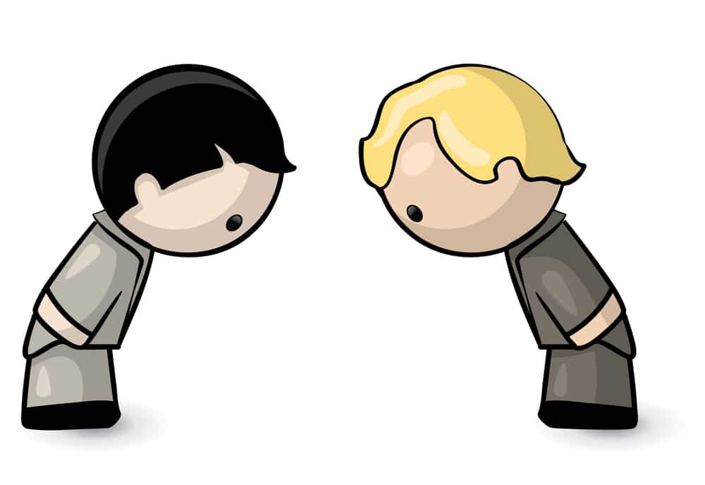 Zwei Zeichentrickfiguren mit unterschiedlichen Haarfarben stehen und verbeugen sich höflich voreinander, wobei sie die Knigge-Etikette mit ihren Händen an den Seiten und einem leichten Lächeln auf ihren Gesichtern demonstrieren.